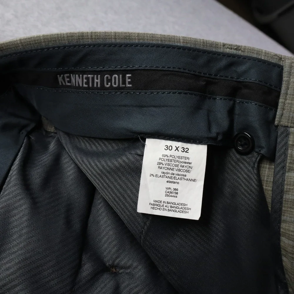 Kenneth Cole Reaction Pants Mens 30x32 Dress Suit Formal Flat Front Taupe Plaid‎